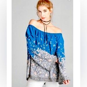 ODDY Blue Spring Multi Floral Cold / Off Shoulder Top Size Medium Long Sleeve
